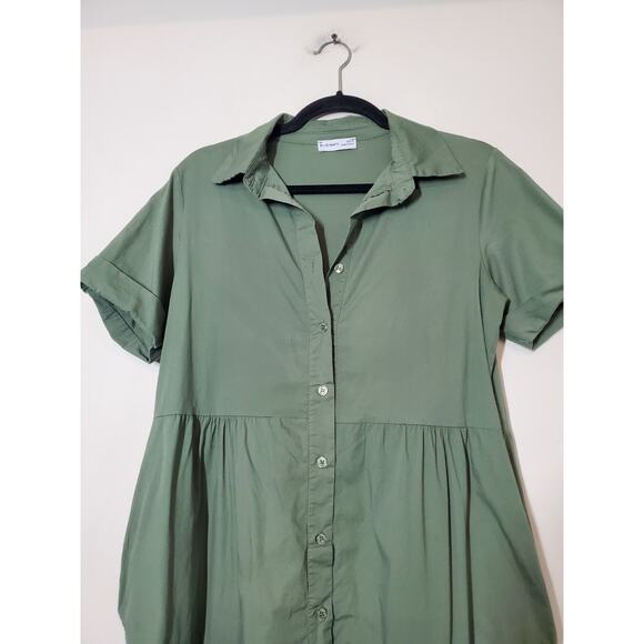 BLUE NAVY Brand Womens Small Maxi Shirt Dress Tiered Green Made In‎ Italy Cotton - Picture 2 of 10